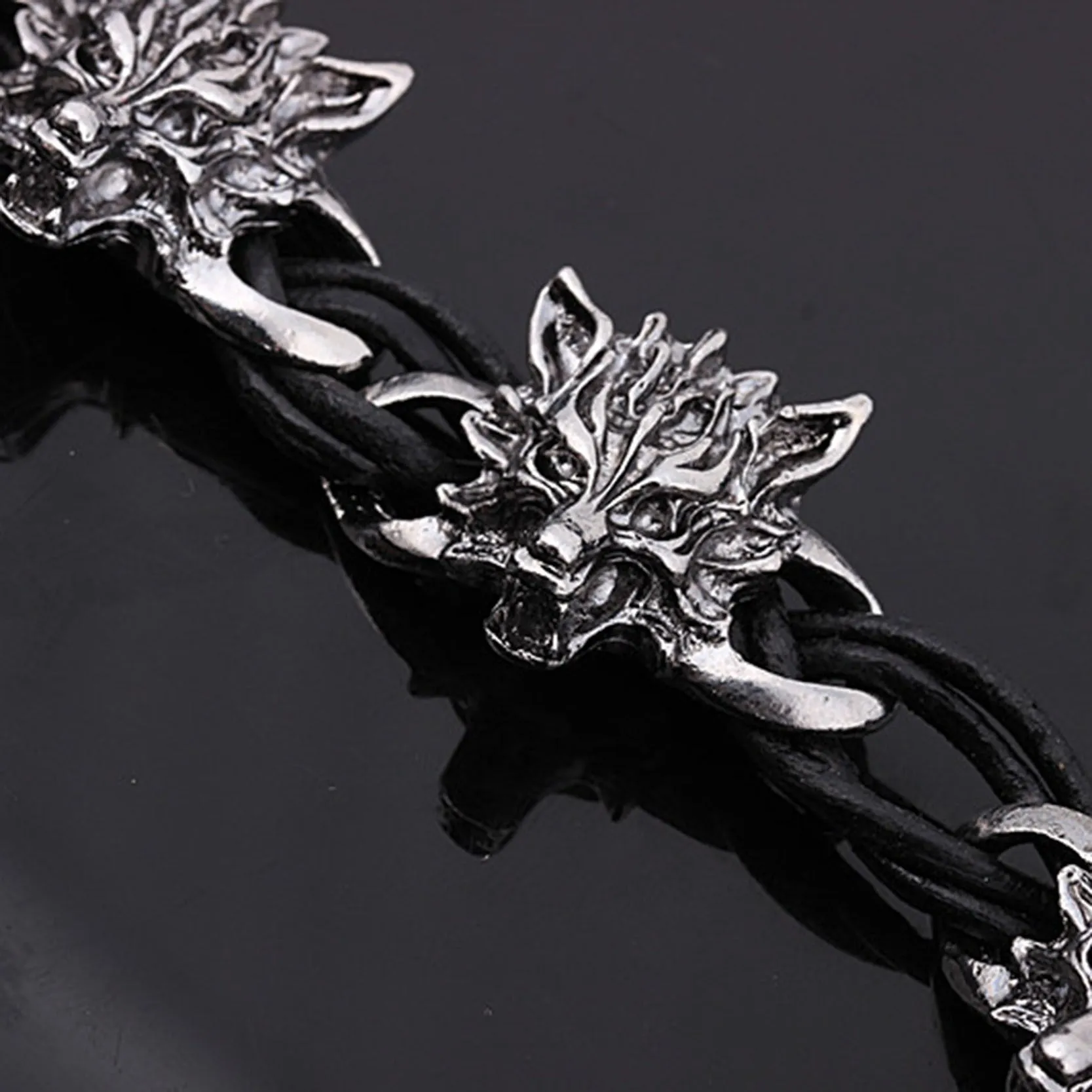 Men Bracelet Stainless Steel & Wolf PU Cuff Leather Bracelets Bangles Men Jewelry Accessories For Best Friends