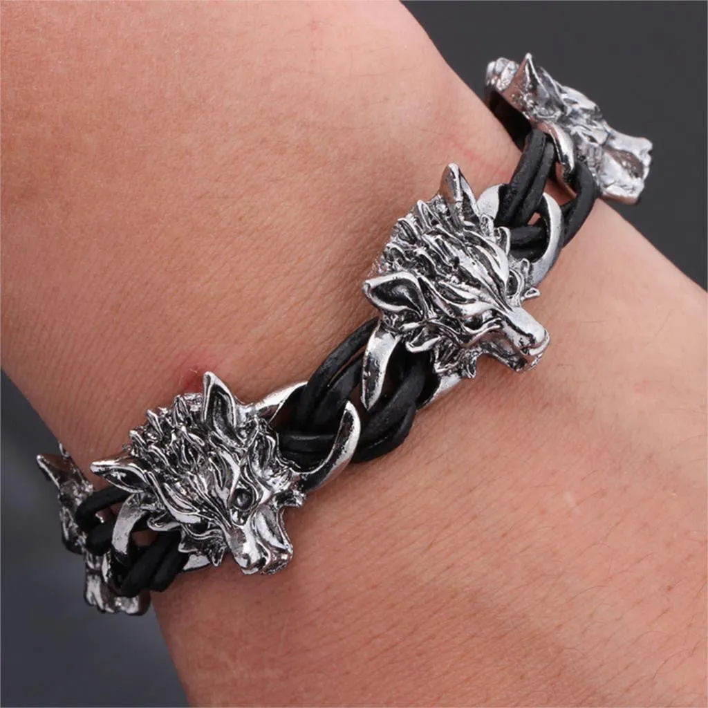 Men Bracelet Stainless Steel & Wolf PU Cuff Leather Bracelets Bangles Men Jewelry Accessories For Best Friends