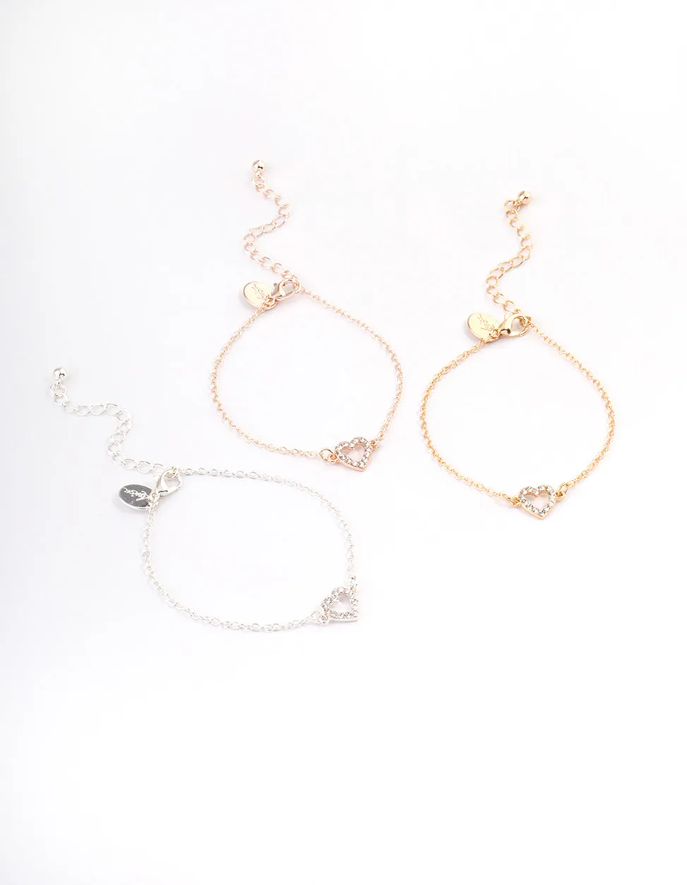 Mixed Metal Diamante Open Heart Bracelet Pack