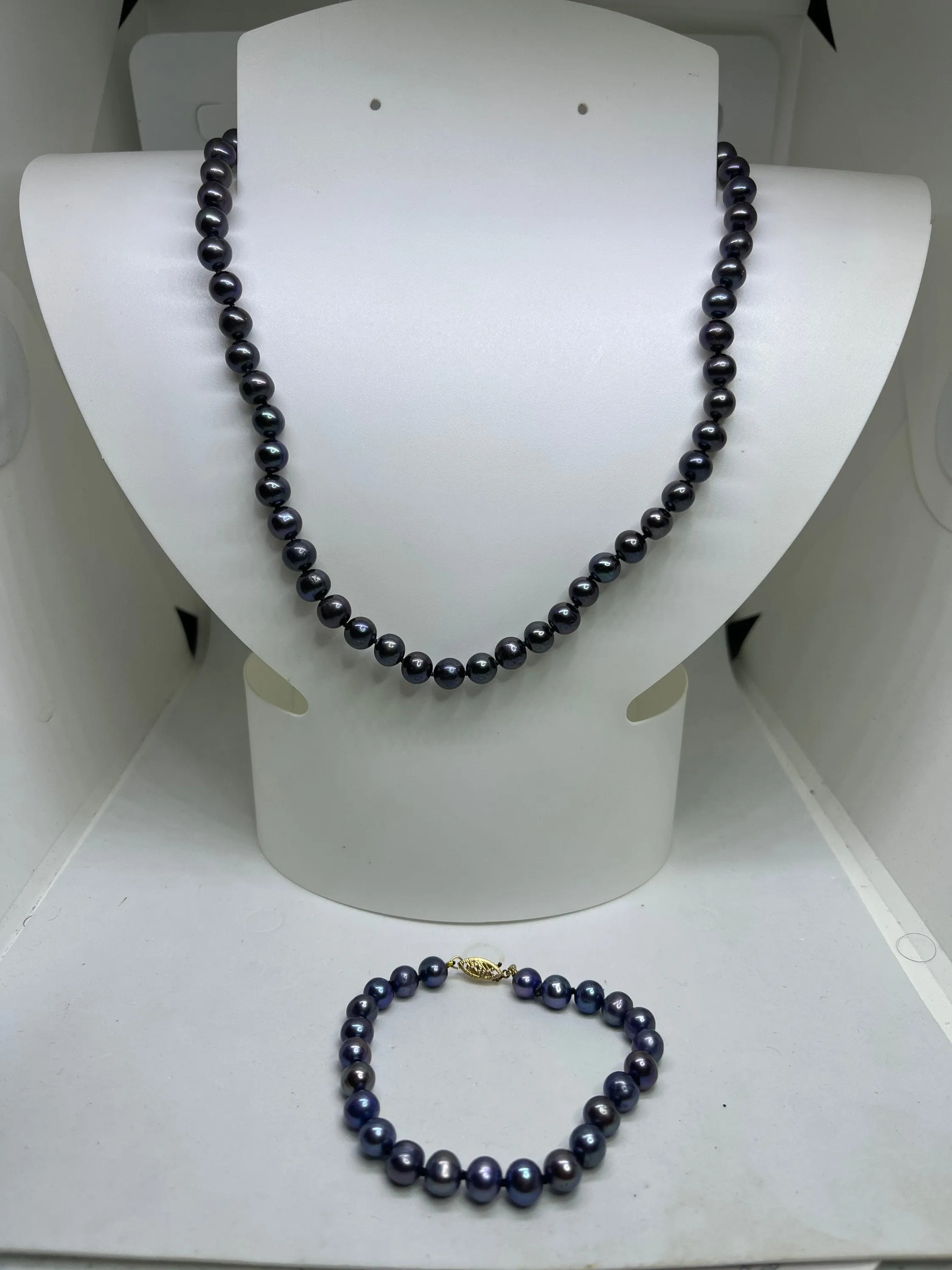 Natural Black Freshwater Pearl 14k Gold Clasp Necklace & Bracelet Bridesmaid Set