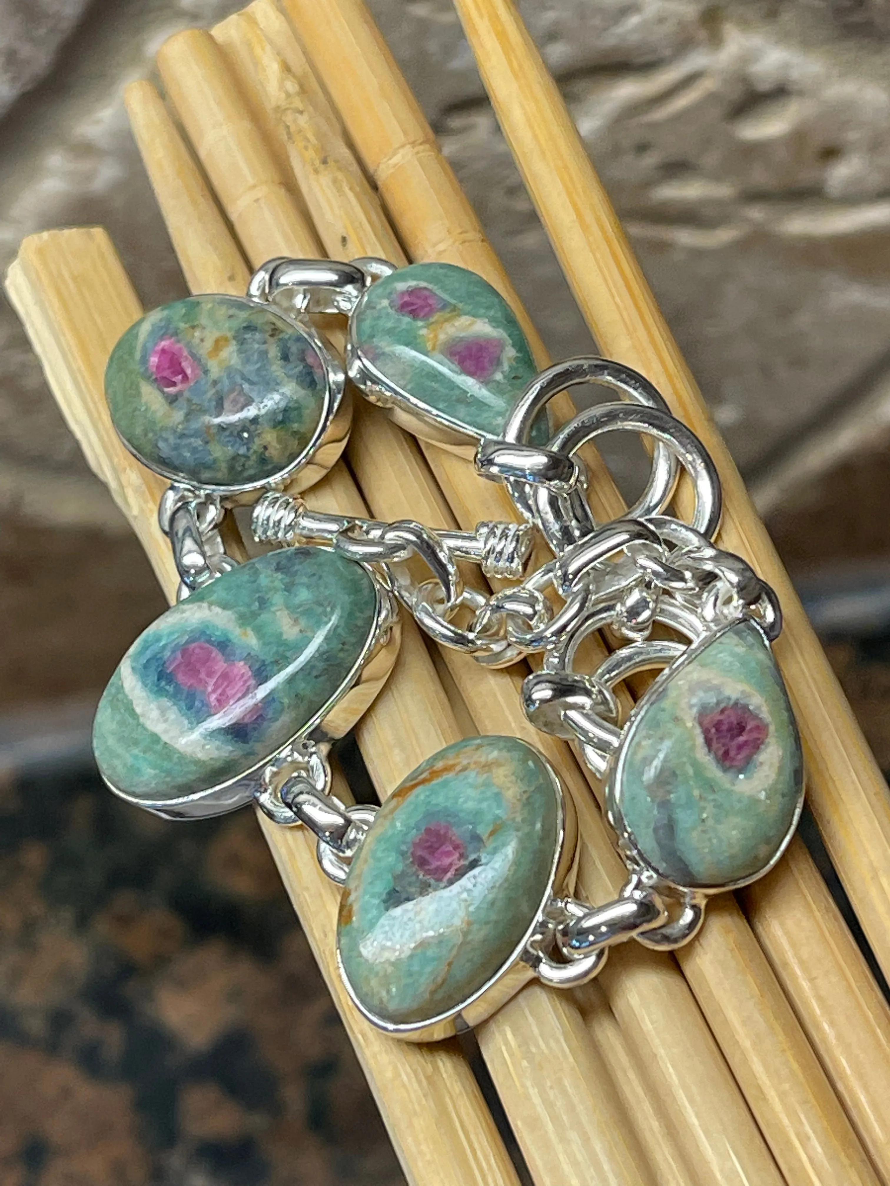 Natural Ruby in Fuchsite 925 Solid Sterling Silver Bracelets 7"