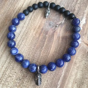 Navy Agate and Blackened Skull Bracelet