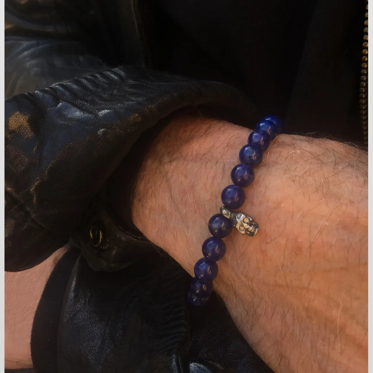 Navy Agate and Blackened Skull Bracelet
