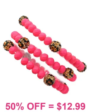 Neon Pink & Leopard beaded bracelet 3 pc set