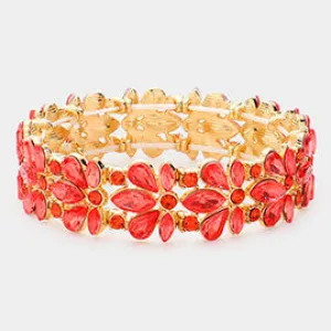 Orange Crystal Flower Stretch Pageant Bracelet  | Prom Bracelet | 609736