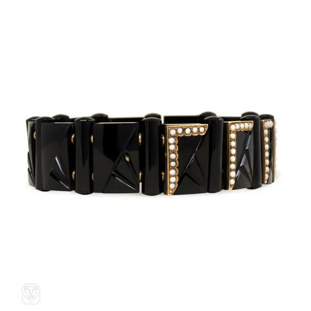 Pair of antique onyx plaque bracelets with pearls
