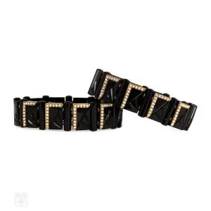 Pair of antique onyx plaque bracelets with pearls