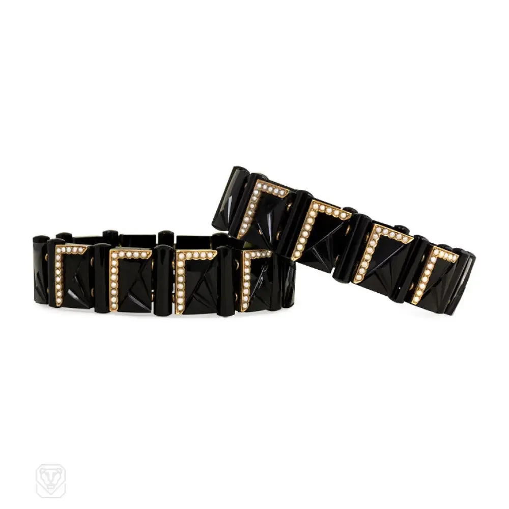 Pair of antique onyx plaque bracelets with pearls