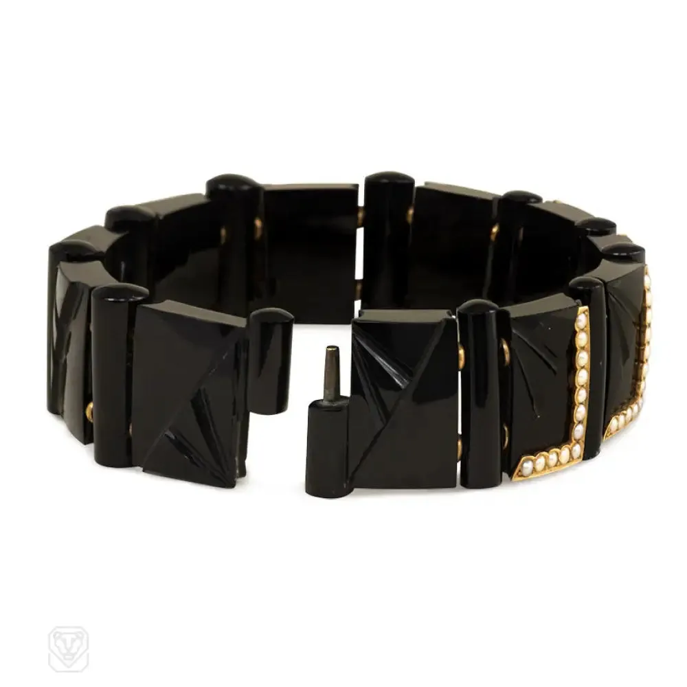 Pair of antique onyx plaque bracelets with pearls