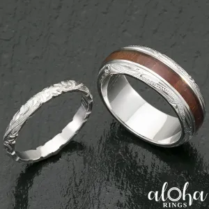 Pair of Platinum & Sterling Silver Koa Wood Hawaiian Jewelry Rings - 3&8mm, Dome Shape