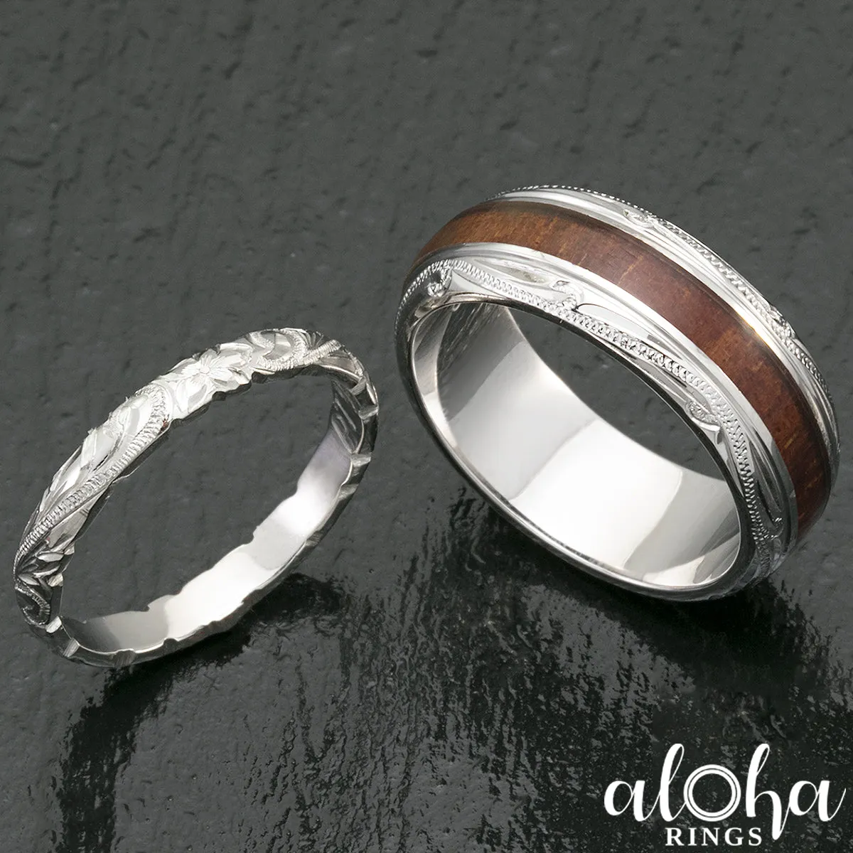 Pair of Platinum & Sterling Silver Koa Wood Hawaiian Jewelry Rings - 3&8mm, Dome Shape