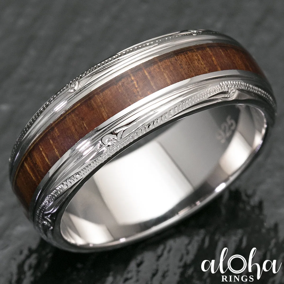 Pair of Platinum & Sterling Silver Koa Wood Hawaiian Jewelry Rings - 3&8mm, Dome Shape