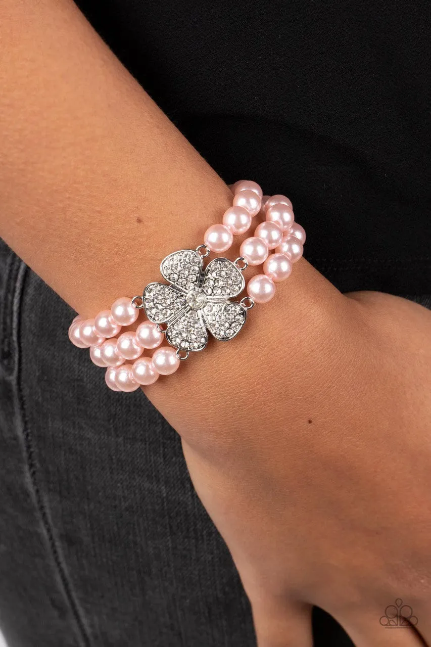 Park Avenue Orchard - Pink - White Rhinestone Flower Pearl Paparazzi Stretchy Bracelet