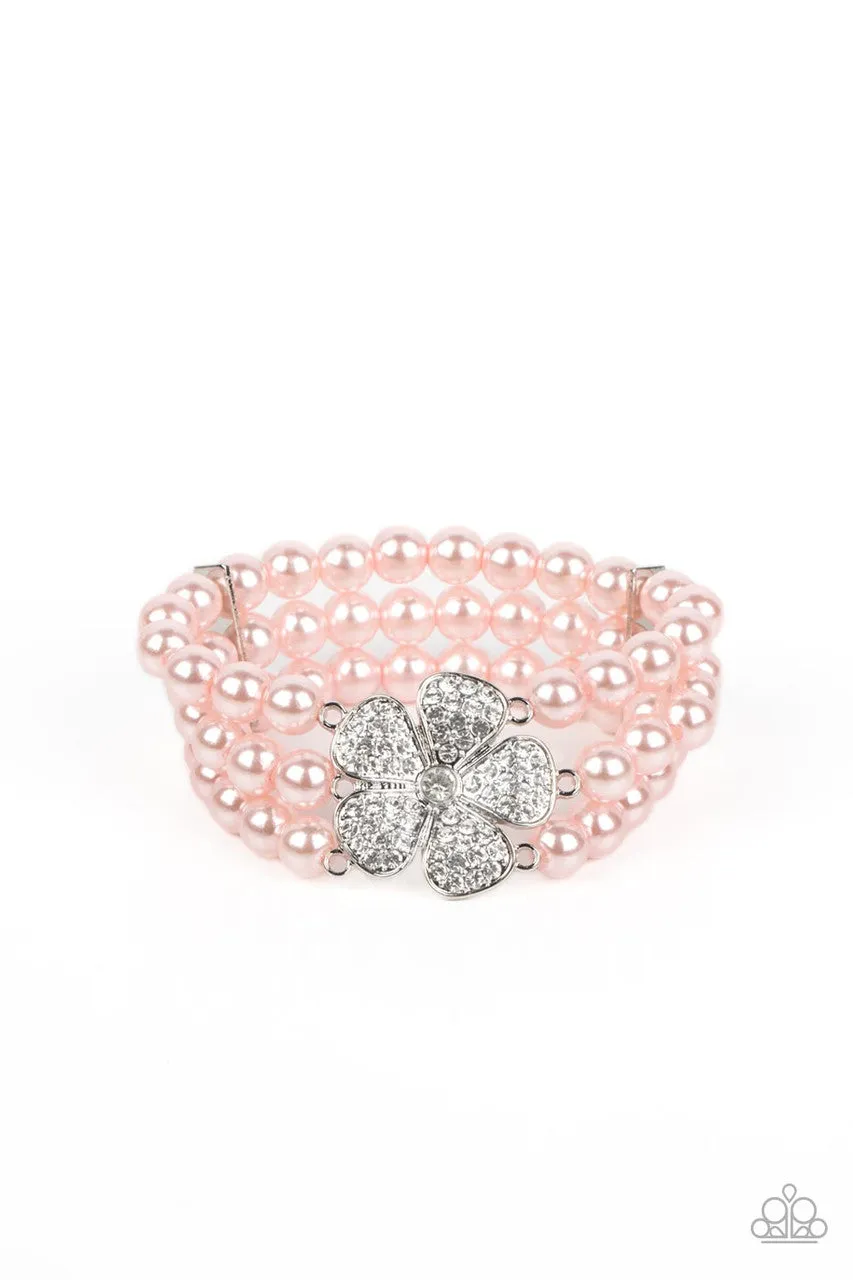 Park Avenue Orchard - Pink - White Rhinestone Flower Pearl Paparazzi Stretchy Bracelet