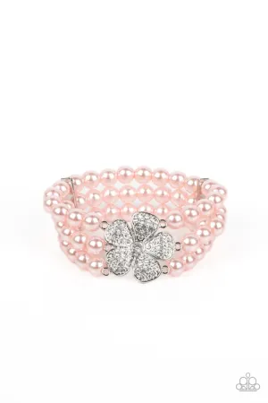 Park Avenue Orchard - Pink - White Rhinestone Flower Pearl Paparazzi Stretchy Bracelet