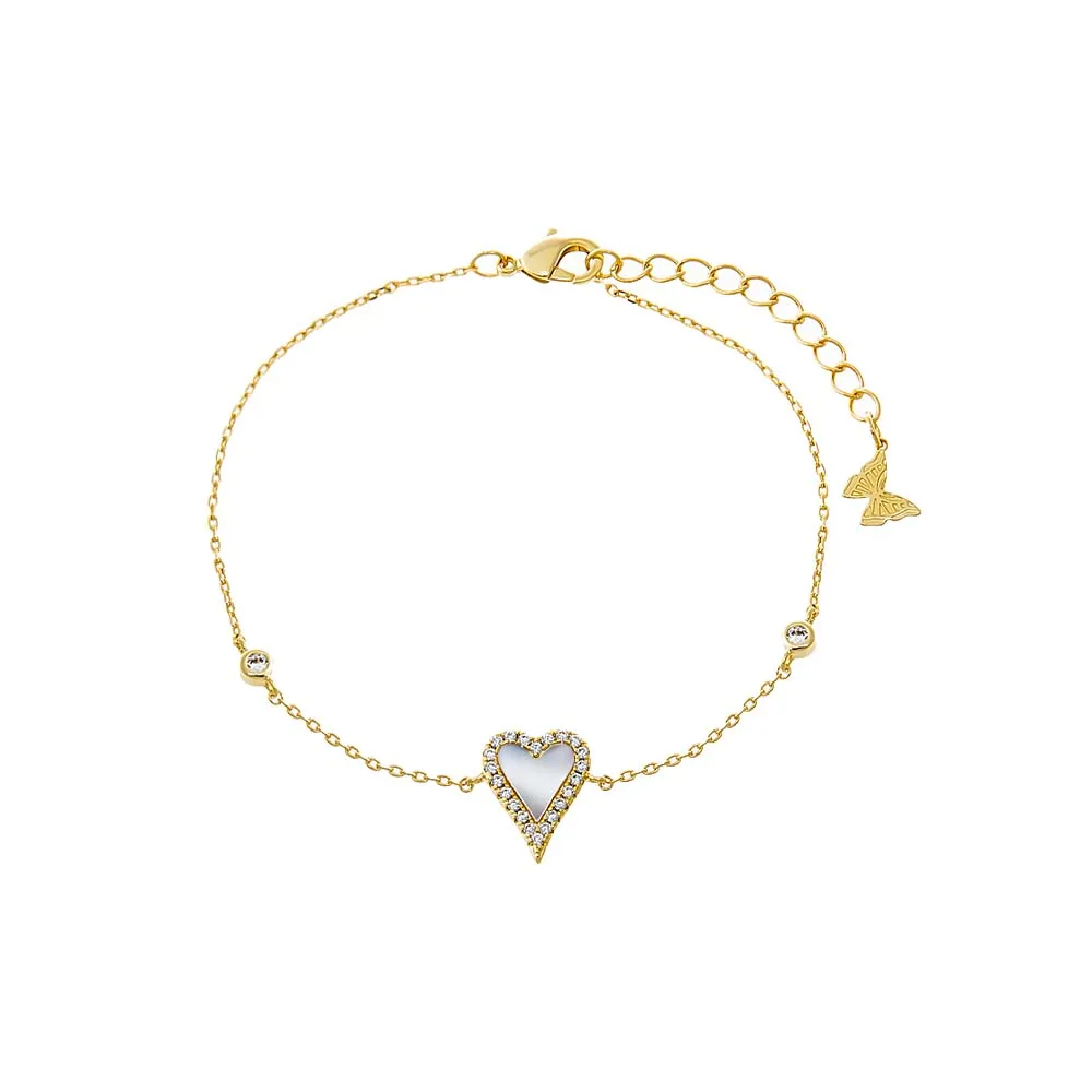 Pave Outlined Colored Stone Elongated Heart Bezel Bracelet