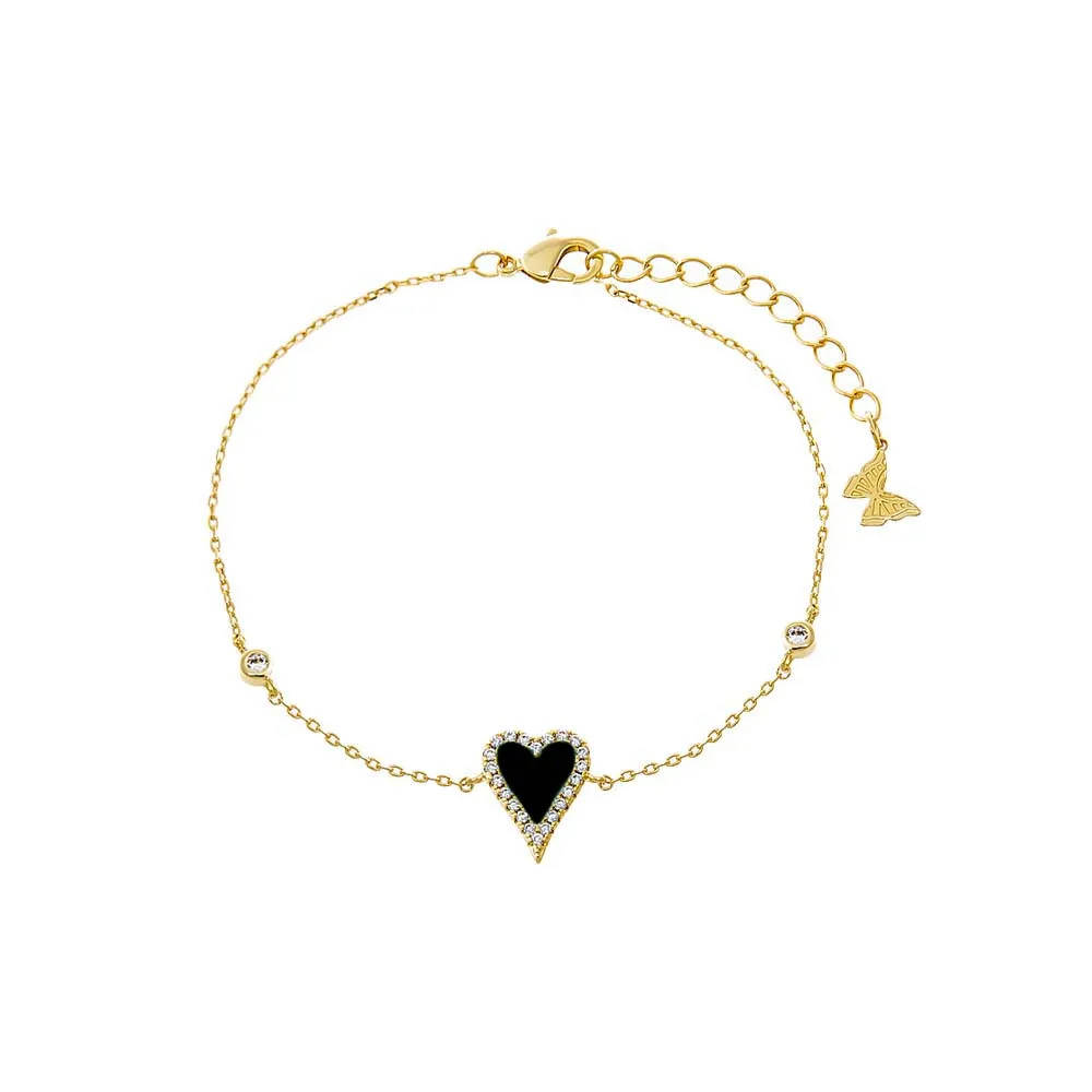 Pave Outlined Colored Stone Elongated Heart Bezel Bracelet