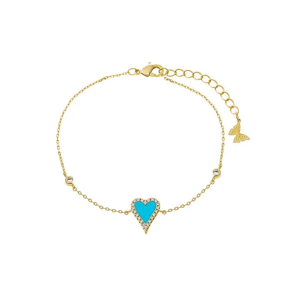 Pave Outlined Colored Stone Elongated Heart Bezel Bracelet