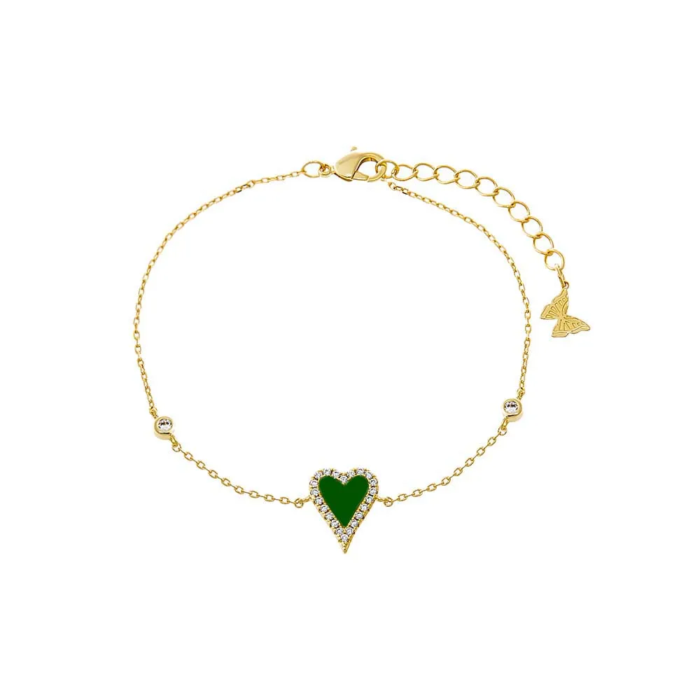 Pave Outlined Colored Stone Elongated Heart Bezel Bracelet