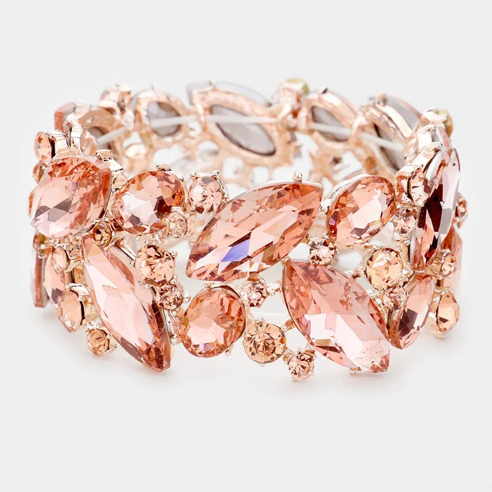 Peach Crystal Marquise Stretch Statement Bracelet on Gold | 461835