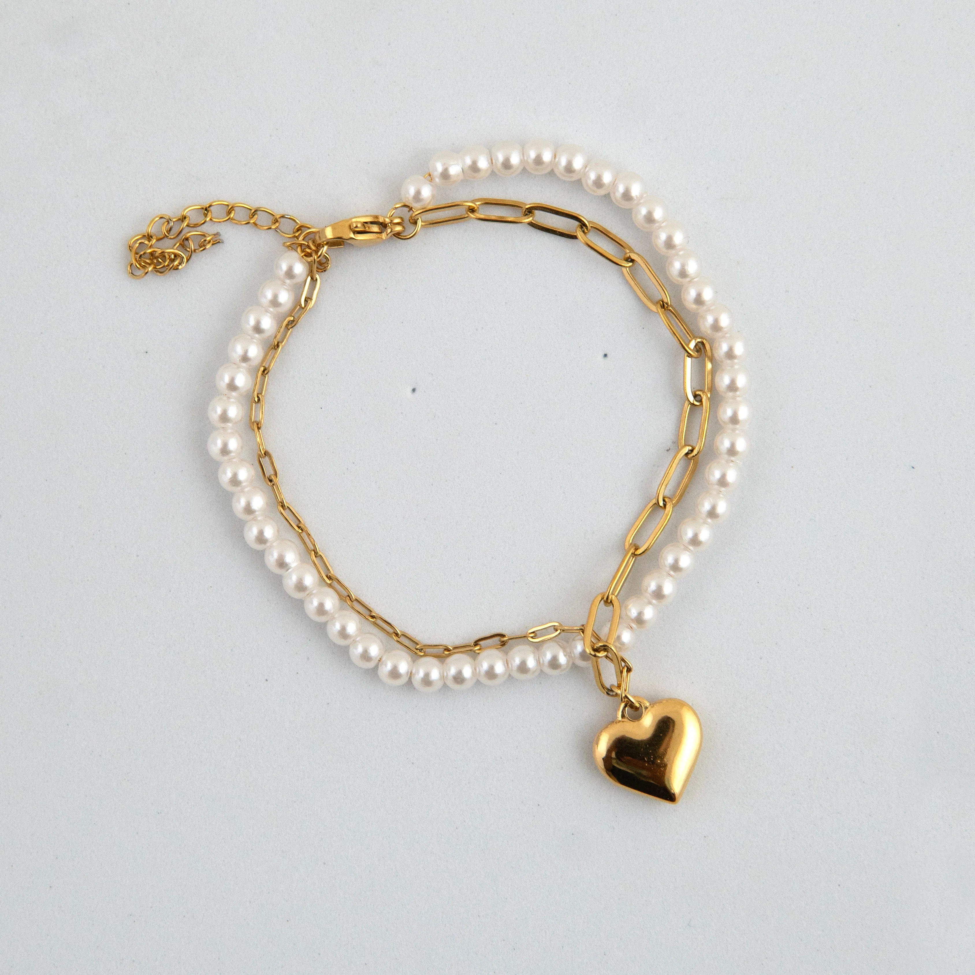 Pearl Golden Heart Charm Bracelet Gold Plated, Waterproof and Anti-Tarnish - 8 inches