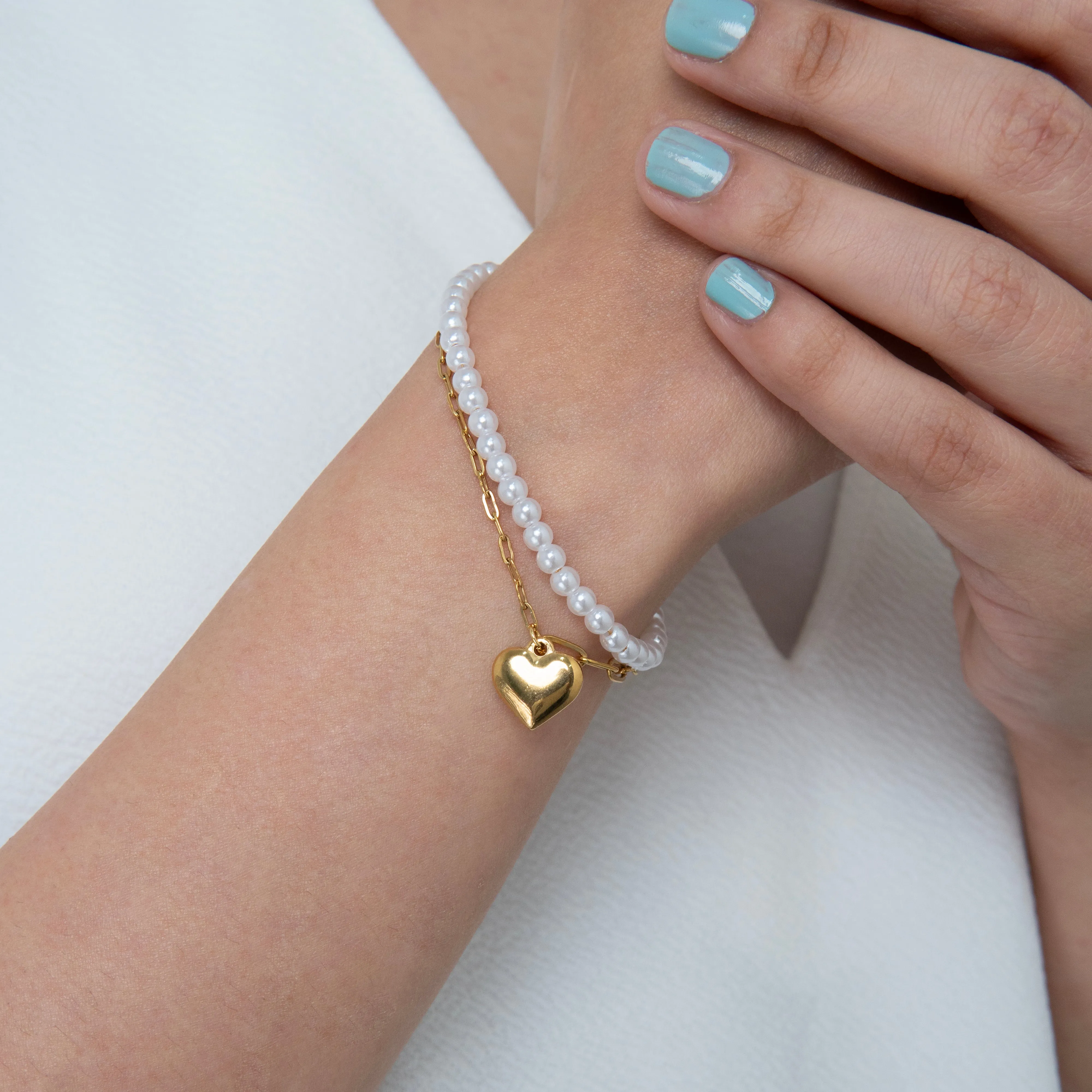 Pearl Golden Heart Charm Bracelet Gold Plated, Waterproof and Anti-Tarnish - 8 inches