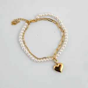 Pearl Golden Heart Charm Bracelet Gold Plated, Waterproof and Anti-Tarnish - 8 inches