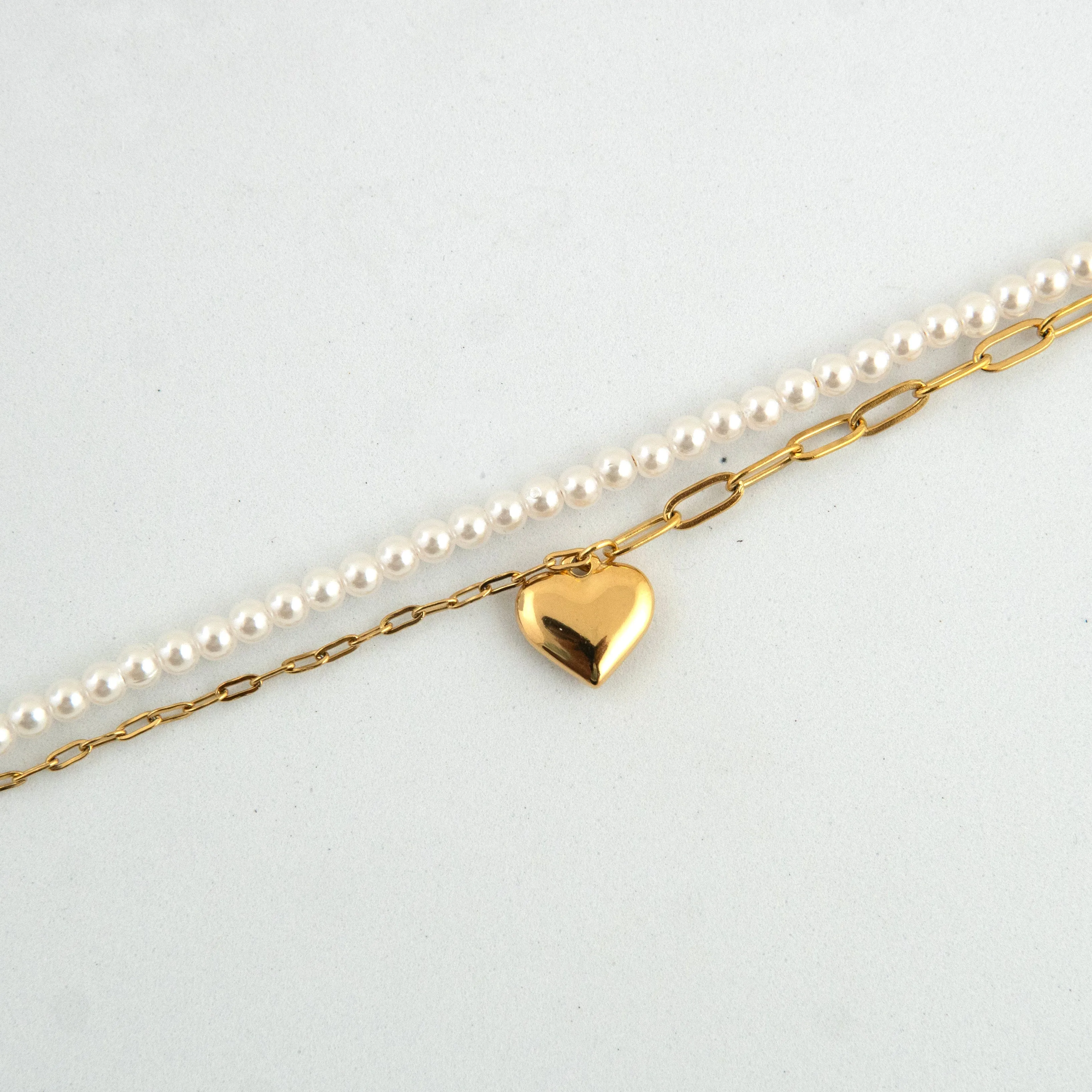 Pearl Golden Heart Charm Bracelet Gold Plated, Waterproof and Anti-Tarnish - 8 inches