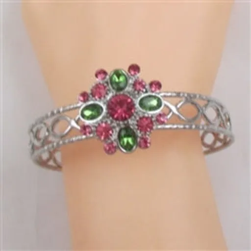 Pink & Green Multi Crystal & Silver Bangle Bracelet