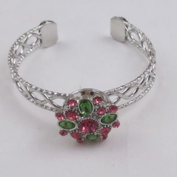 Pink & Green Multi Crystal & Silver Bangle Bracelet