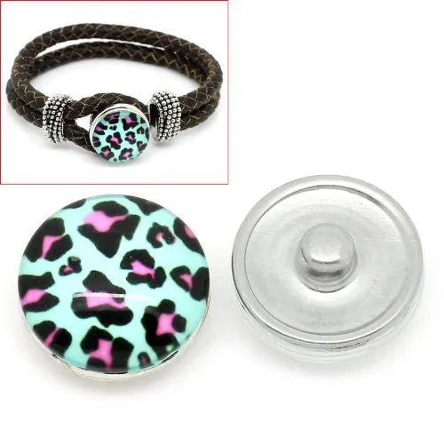 Pink Leopard Print Design Glass Chunk Charm Button Fits Chunk Bracelet