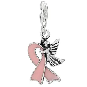 Pink Ribbon Beast Cancer Awareness with Angel Clip on Pendant Charm for Bracelet or Necklace