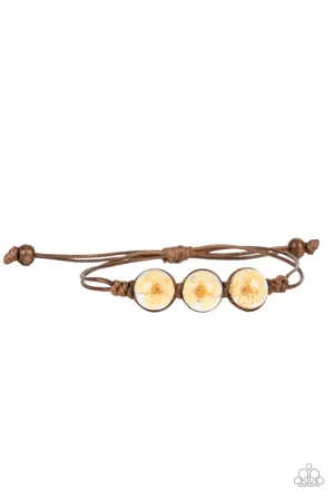 Prairie Persuasion - Orange - Encased Flower Blossoms Brown Leather Urban Paparazzi Pull-Cord Bracelet