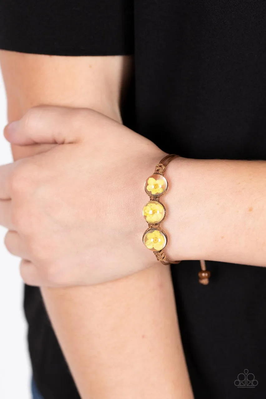 Prairie Persuasion - Orange - Encased Flower Blossoms Brown Leather Urban Paparazzi Pull-Cord Bracelet