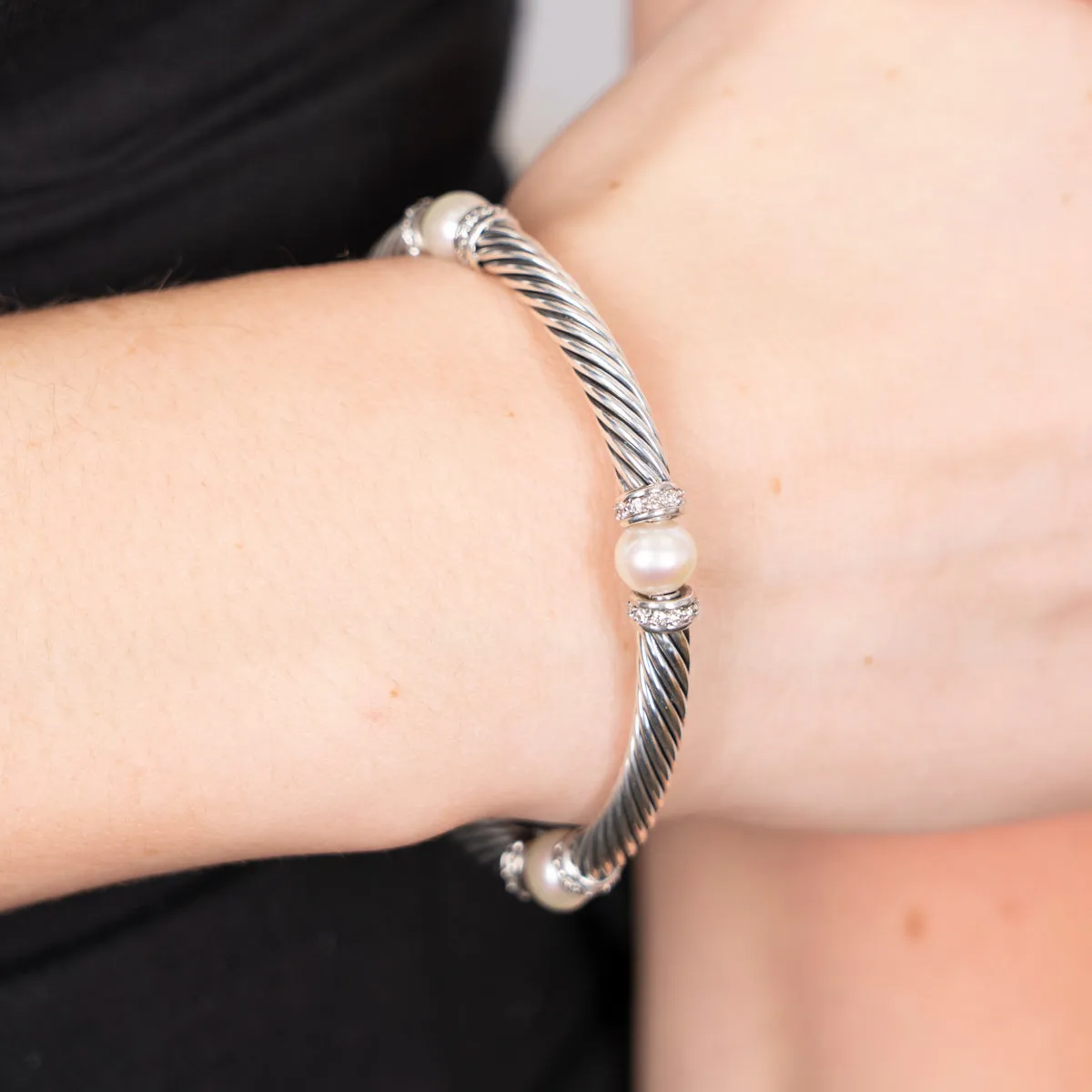 Pre-Owned David Yurman Pearl and Diamond Hampton Cable Bracelet