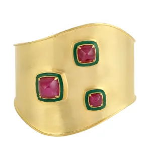 Pyramid Shape Ruby Gemstone Enamel In Yellow Gold Wedding Cuff For Women's