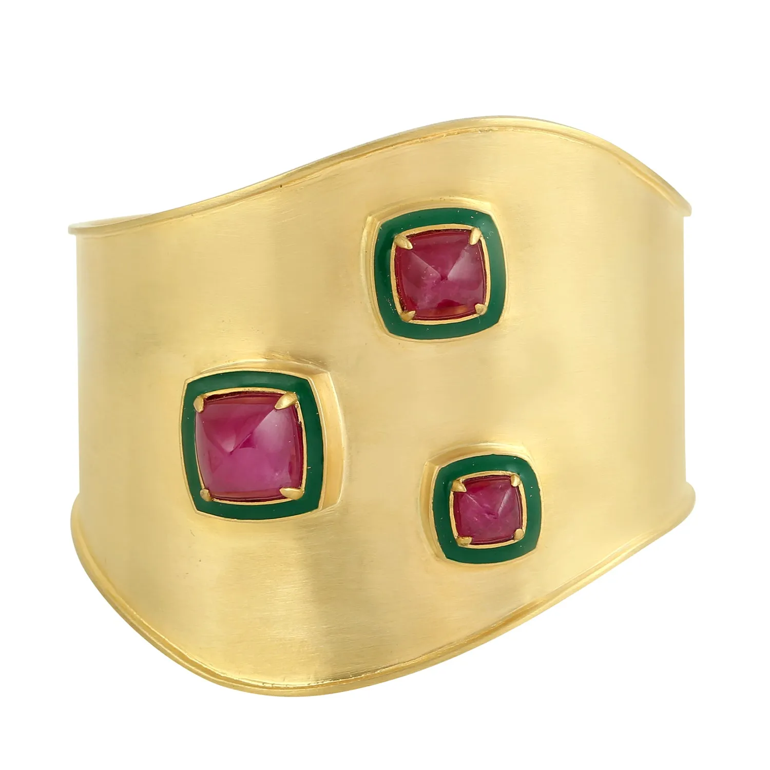 Pyramid Shape Ruby Gemstone Enamel In Yellow Gold Wedding Cuff For Women's