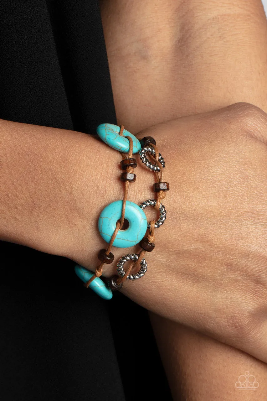 Quarry Quandary - Blue - Turquoise Stone Disc and Brown Cord Paparazzi Pull-Cord Bracelet