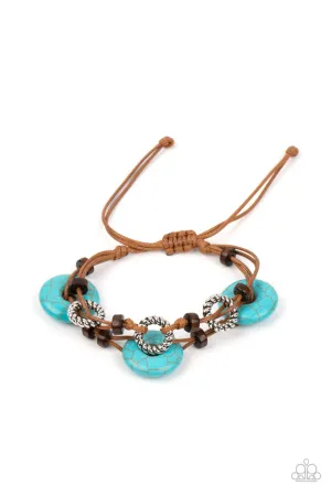Quarry Quandary - Blue - Turquoise Stone Disc and Brown Cord Paparazzi Pull-Cord Bracelet