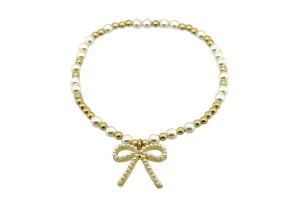 "EMMA   FWP BOW" Charm Gold Filled & Pearl Beaded Bracelet