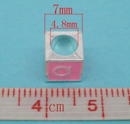 "Q" Letter Square Charm Beads Pink Enamel European Bead Compatible for Most European Snake Chain Charm Braceletss