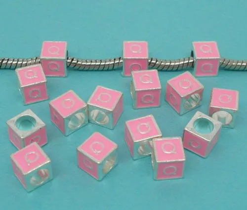 "Q" Letter Square Charm Beads Pink Enamel European Bead Compatible for Most European Snake Chain Charm Braceletss