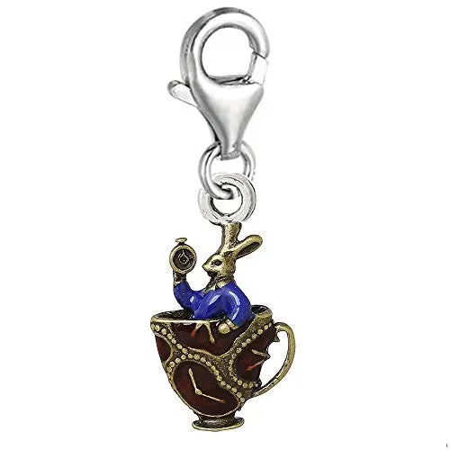 Rabbit in Tea Cup Clip on Pendant Charm for Bracelet or Necklace