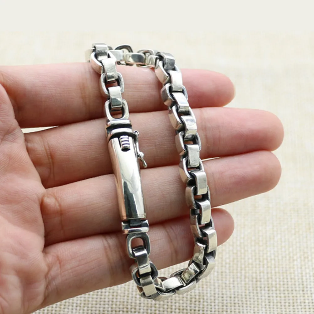 Real Solid 925 Sterling Silver Bracelet Link Rectangular Box Chain Punk Jewelry 6.3"-8.7"