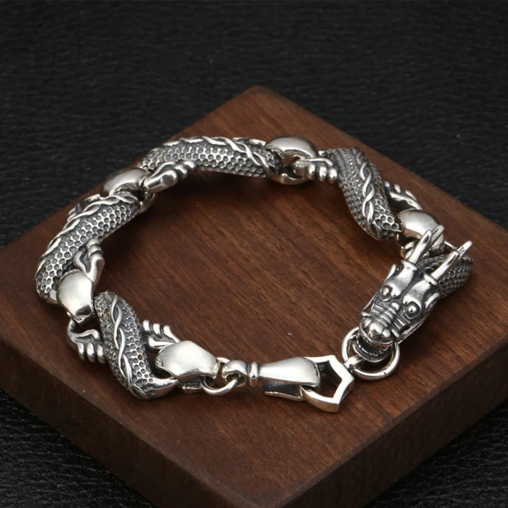 Real Solid 925 Sterling Silver Bracelets Link Whole Dragon Animals Hook Punk Jewelry 9.1"