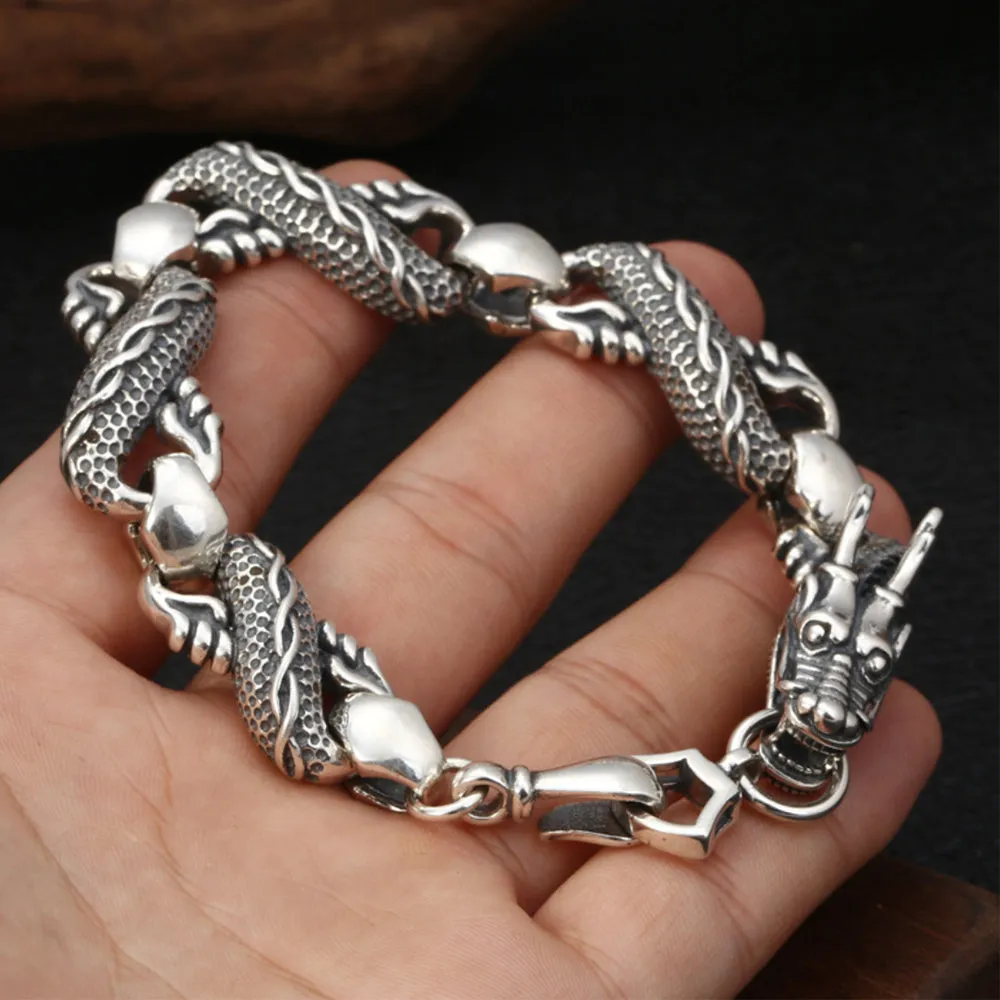 Real Solid 925 Sterling Silver Bracelets Link Whole Dragon Animals Hook Punk Jewelry 9.1"
