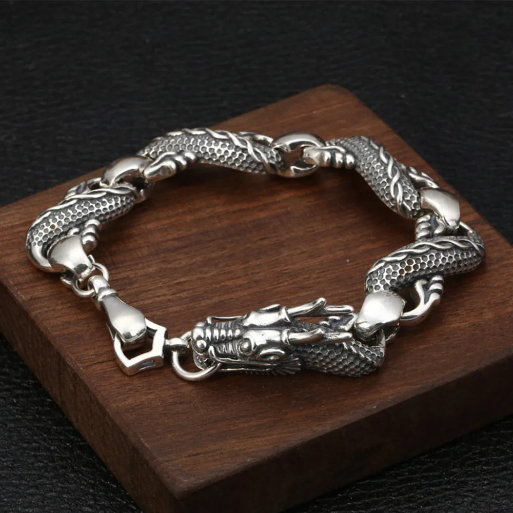 Real Solid 925 Sterling Silver Bracelets Link Whole Dragon Animals Hook Punk Jewelry 9.1"