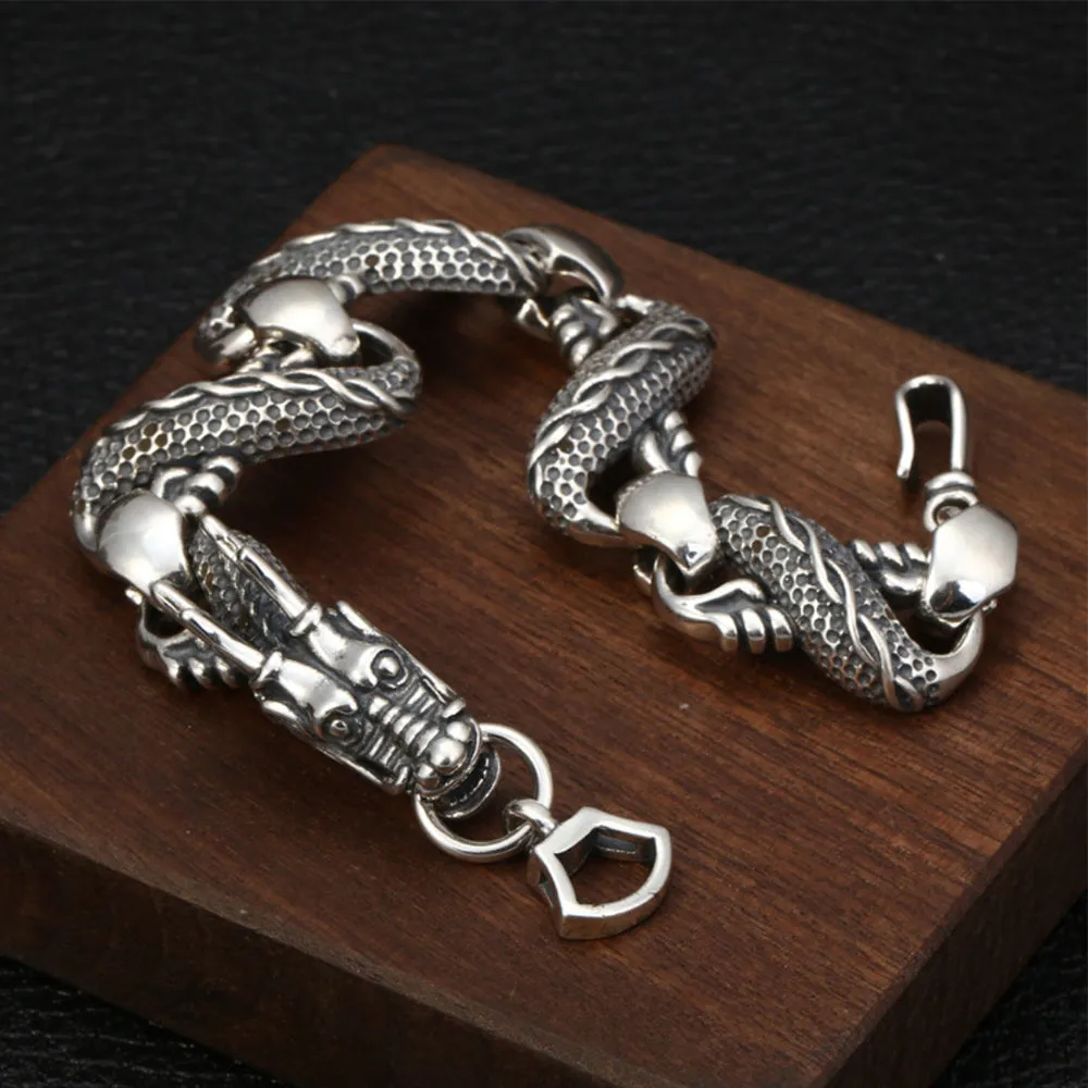 Real Solid 925 Sterling Silver Bracelets Link Whole Dragon Animals Hook Punk Jewelry 9.1"