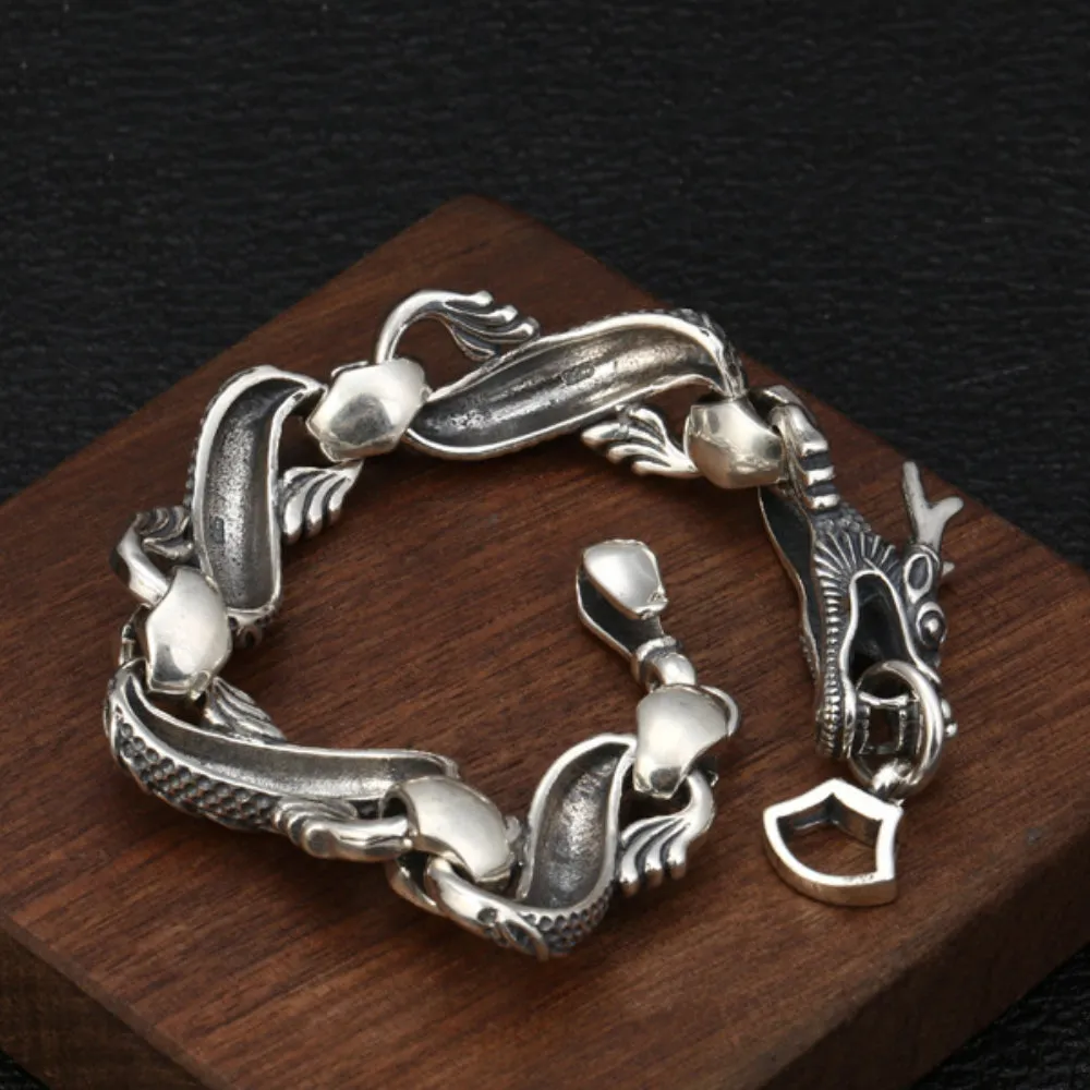 Real Solid 925 Sterling Silver Bracelets Link Whole Dragon Animals Hook Punk Jewelry 9.1"
