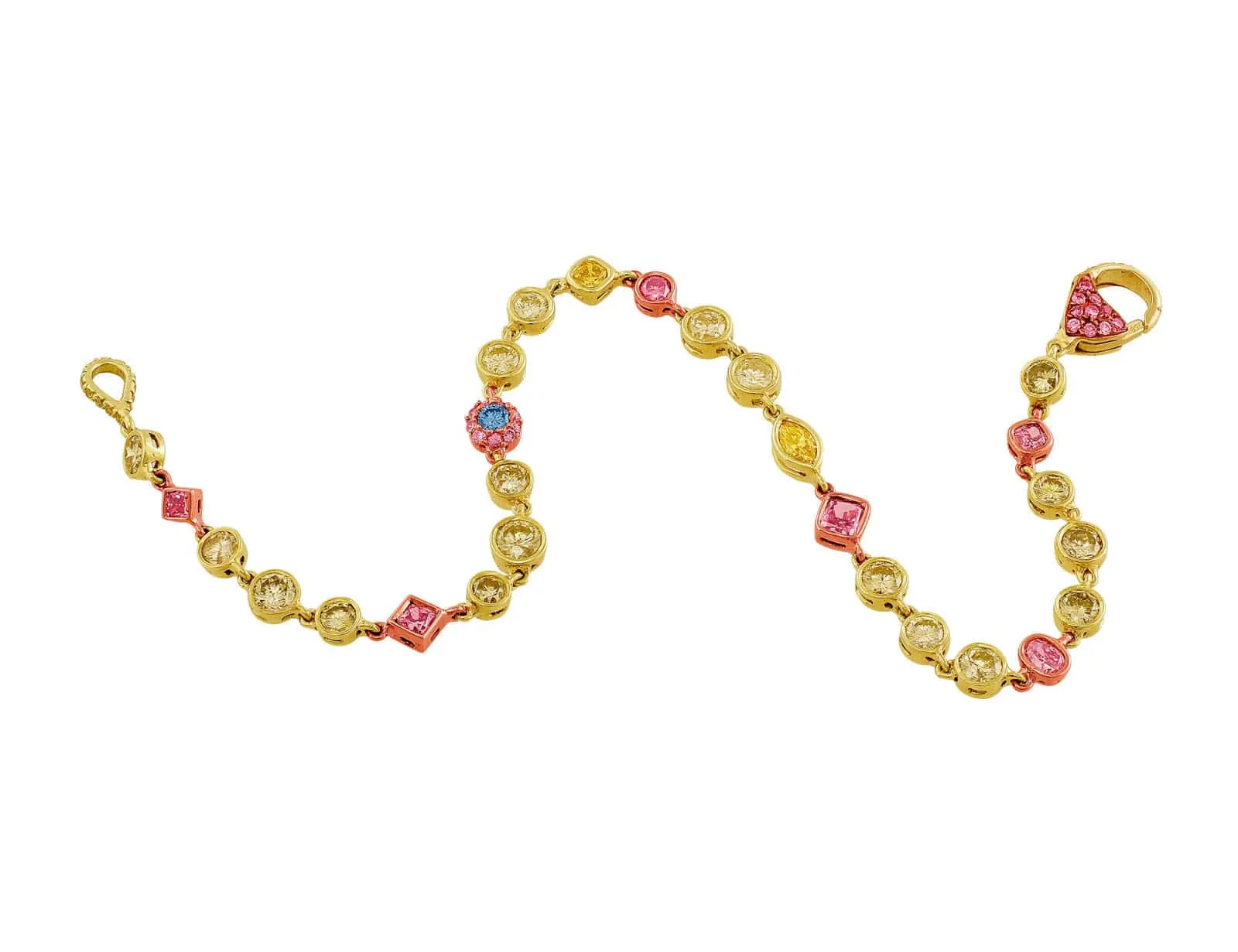 Rivière 18k Gold Multicolored Diamond Bracelet, GIA Certified